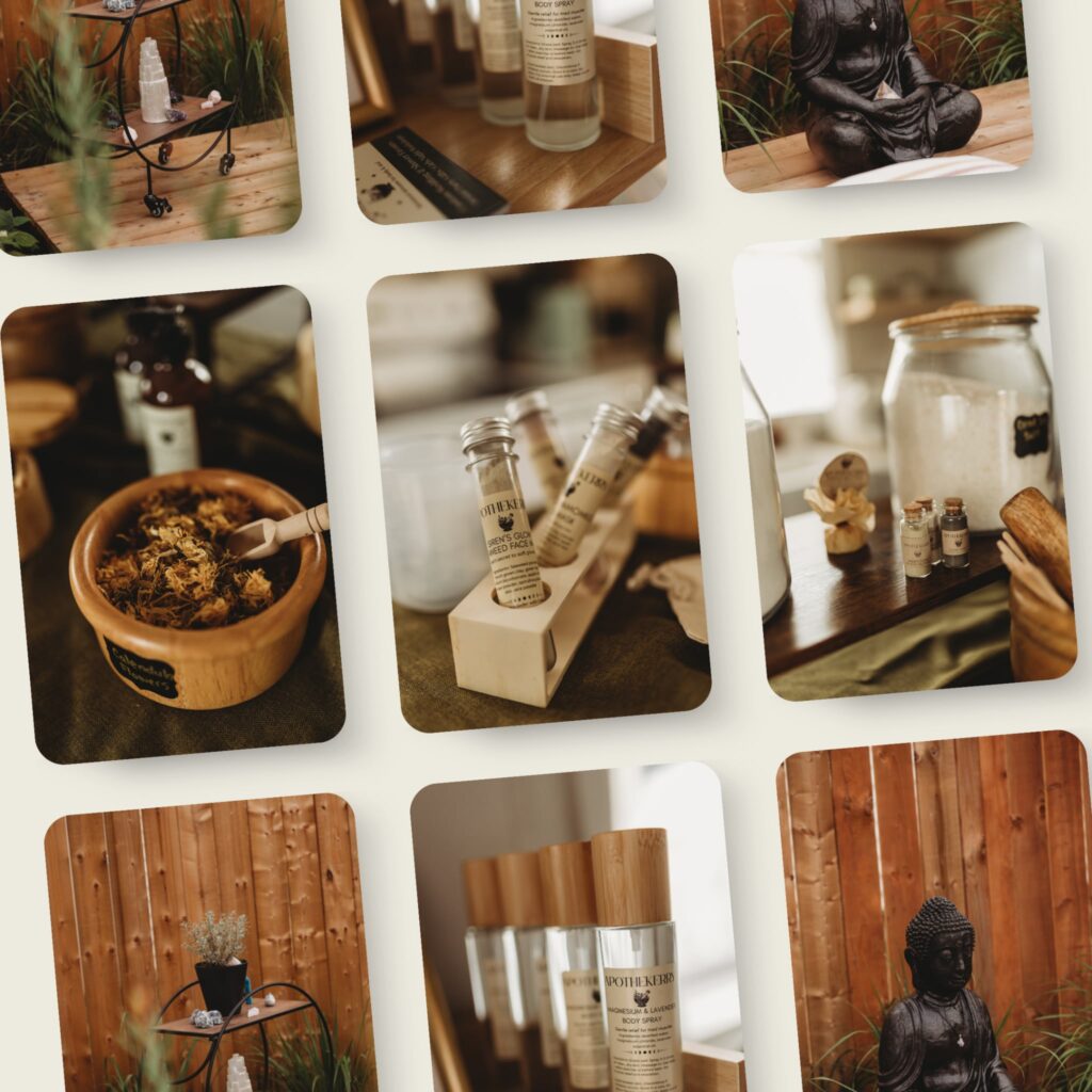 Collage of ApotheKerry botanical self care products and calming ritual imagery, including bath botanicals, essential oils, natural skincare, and peaceful wellness décor in warm earthy tones.