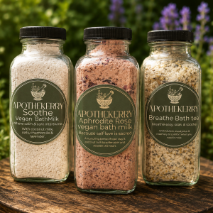 Three ApotheKerry bath products in glass bottles displayed outdoors on a wooden surface surrounded by greenery and flowers. The products include Soothe vegan bath milk, Aphrodite Rose vegan bath milk, and Breathe bath tea.
