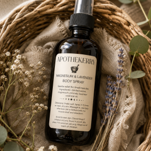 Amber glass bottle of ApotheKerry Magnesium & Lavender Body Spray styled in a woven basket with dried lavender, eucalyptus, and soft natural fabrics.