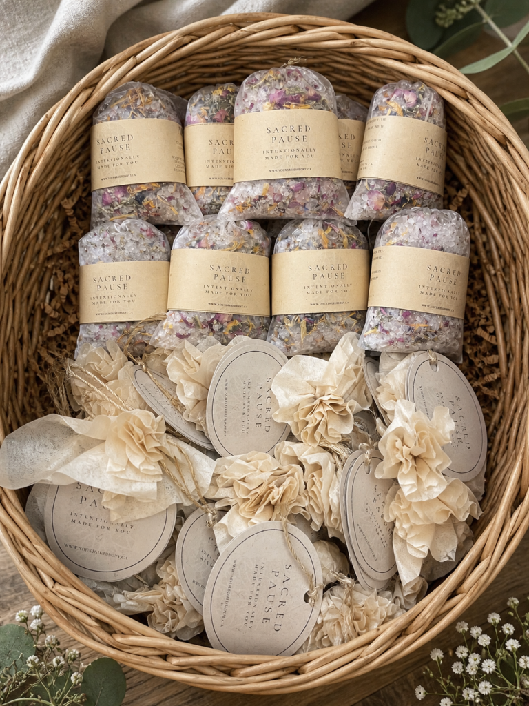 A wicker basket filled with custom Sacred Pause bath tea gifts wrapped in soft neutral packaging with dried flowers and tags.