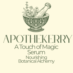 ApotheKerry “A Touch of Magic” serum label featuring a botanical mortar and pestle illustration with the words “Nourishing Botanical Alchemy.”