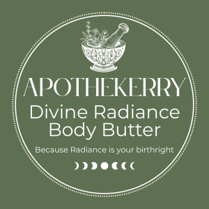 Green ApotheKerry Divine Radiance Body Butter label featuring a botanical mortar and pestle logo and the phrase “Because Radiance is your birthright.”
