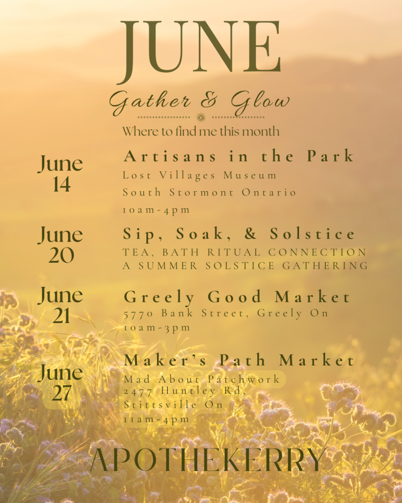 Soft golden June events poster for ApotheKerry featuring a glowing wildflower field at sunset with elegant green typography. The poster lists four June events including Artisans in the Park, Sip, Soak & Solstice, Greely Good Market, and Maker’s Path Market, along with dates, locations, and event times