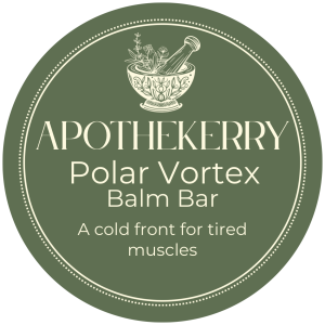 Green ApotheKerry Polar Vortex Balm Bar label featuring a botanical mortar and pestle logo with the phrase “A cold front for tired muscles.”