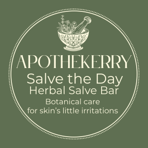 Green ApotheKerry Salve the Day Herbal Salve Bar label featuring a botanical mortar and pestle logo and the phrase “Botanical care for skin’s little irritations.”