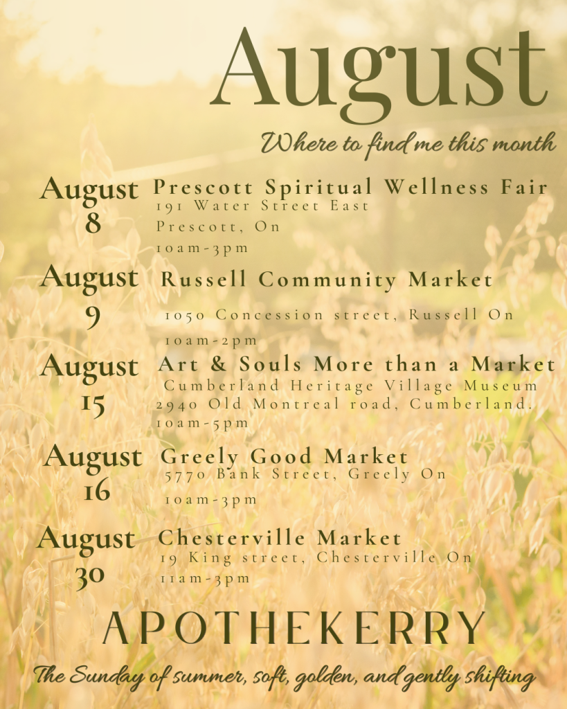 ApotheKerry August 2026 event calendar featuring a soft golden field background. Events include the Prescott Spiritual Wellness Fair on August 8 in Prescott, Russell Community Market on August 9 in Russell, Art & Souls More Than a Market on August 15 in Cumberland, Greely Good Market on August 16 in Greely, and Chesterville Market on August 30 in Chesterville.